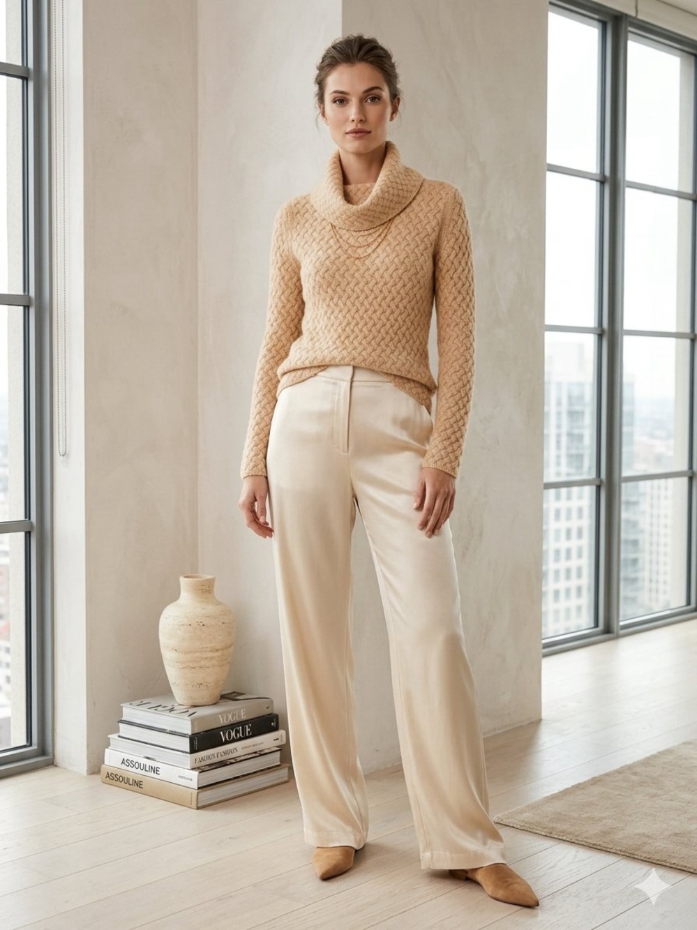 Saks Fifth Avenue beige Cowl collar cashmere Sweater